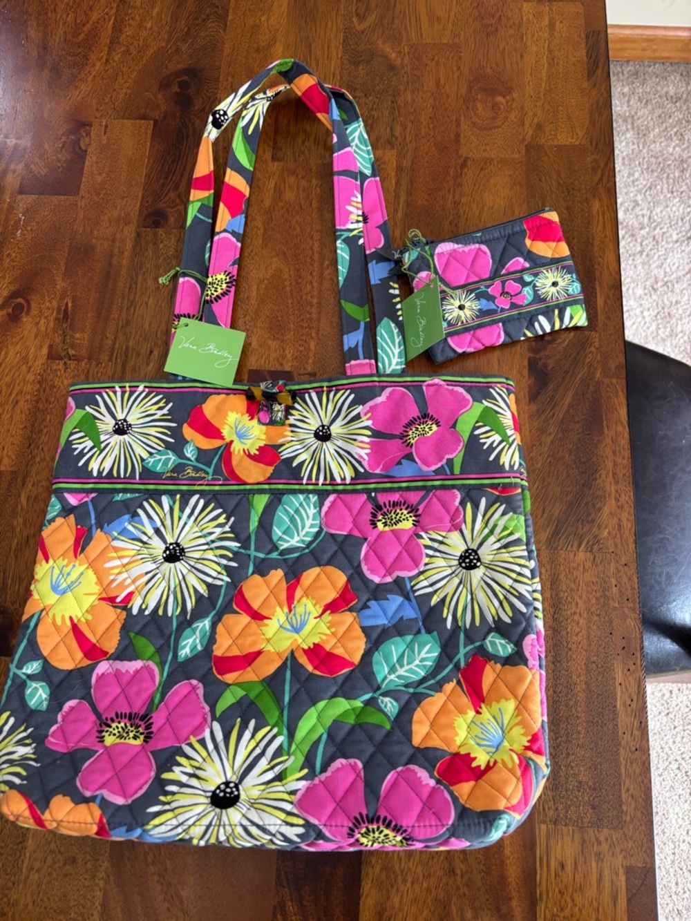 Vera Bradley Gray Quilted Tote with Bright Floral Print